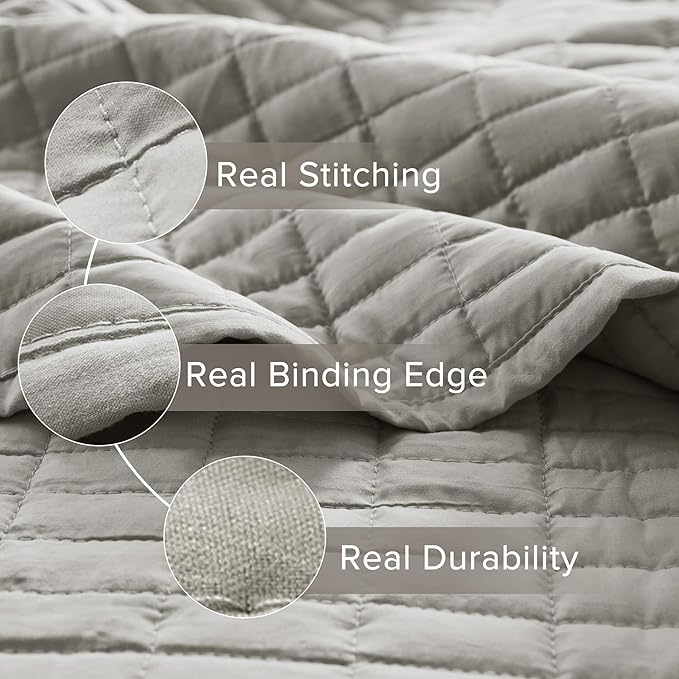 Comfort Spaces Kienna Quilt Set- Double Sided Stitching Design Summer Blanket, Lightweight, Soft, All Season Bedding Layer, Matching Sham, Grey, Coverlet Twin/Twin XL(66"x90") 2 Piece