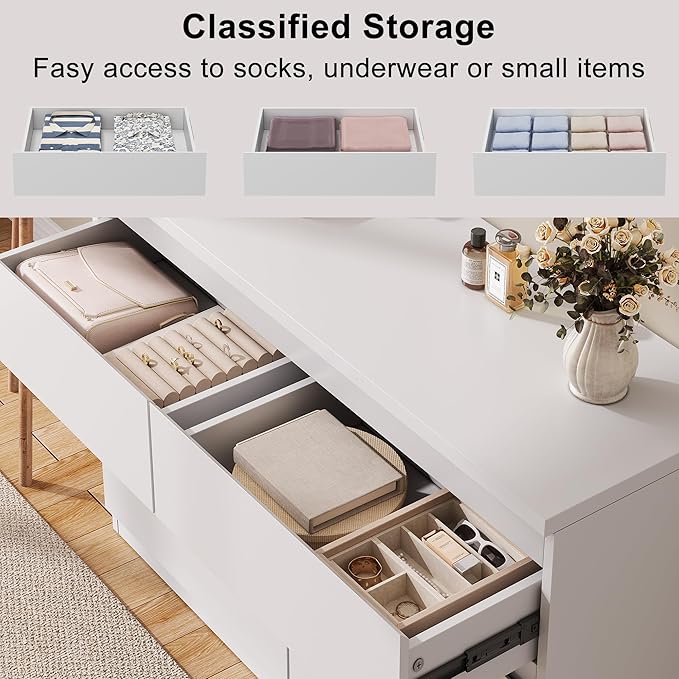 White 6 Drawer Dresser for Bedroom, 15.3" D x 47.2" W x 32.3" H in Simply Modern Chest of Drawers, Wood Storage Double Dresser with Deep Drawers for Living Room, Hallway Entryway, White