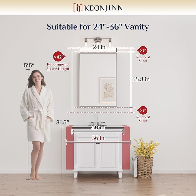 Keonjinn Black Mirror for Bathroom 24 x 36 Inch, Stainless Steel Framed Wall Mounted Mirrors, Anti-Rust, HD Tempered Glass, Shatter-Proof, Rectangle Bathroom Vanity Mirror, Modern Style Frame