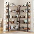 Semoic 5 Tiers Tall Corner Bookshelf, Large Heavy Duty Industrial Corner Bookcase with Metal Frame, L Shaped Bookshelves and Bookcases Etagere Bookcase Display Storage Shelves for Living Room, Brown