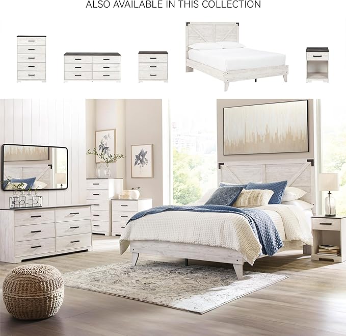 Signature Design by Ashley Shawburn Rustic 5 Drawer Chest of Smooth-Gliding Drawers and Safety Stop, White & Gray