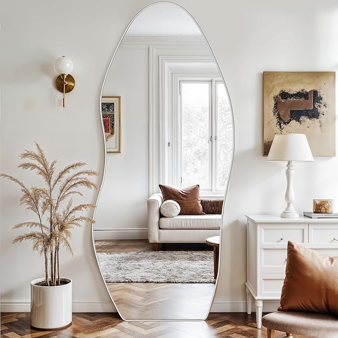 Antok Full Length Mirror, 68"x26" Floor Mirror with Stand, Standing Hanging Leaning Irregular Mirrors for Bedroom Living Room Entryway, Wavy Shaped, Silvery