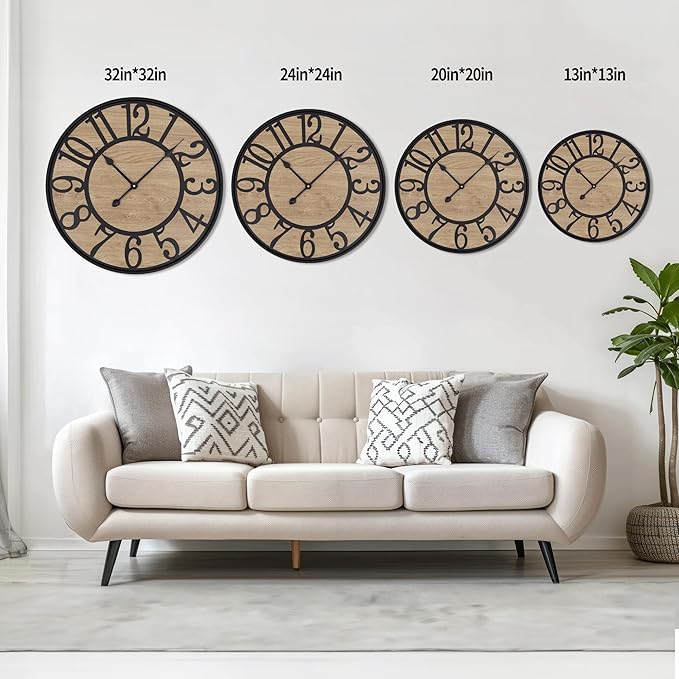Maxstar Wall Clock for Living Room,Silent Rustic Farmhouse with Arabic Numeral, Battery Operated Wall Clocks Decorative for Bedroom Office Home Decor 16inch Black