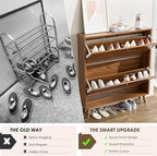 Shoe Storage Cabinet for Entryway with 2 Flip Drawers, Narrow Wood Shoe Cabinet with Fluted Panel, Freestanding Hidden Shoe Organizer for Foyer, Hallway (Walnut - No Shelf)