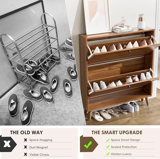Shoe Storage Cabinet for Entryway with 2 Flip Drawers, Narrow Wood Shoe Cabinet with Fluted Panel, Freestanding Hidden Shoe Organizer for Foyer, Hallway (Walnut - No Shelf)