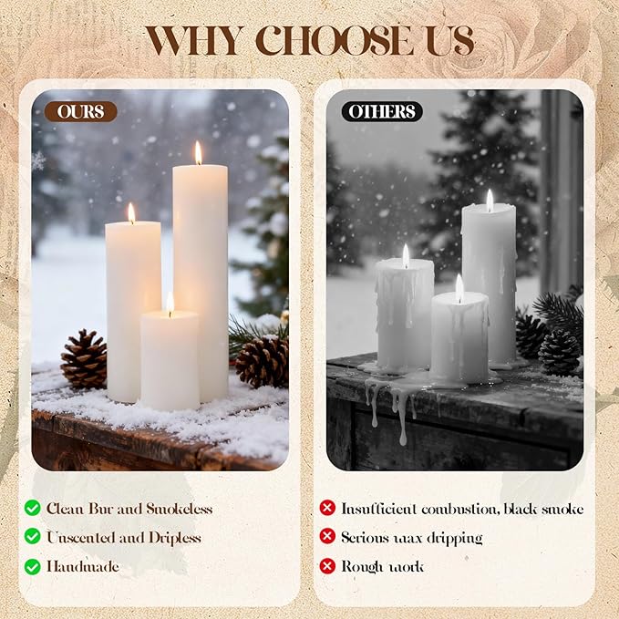18 Pcs White Pillar Candles Bulk Set，2x3 2x4 2x6 Inch - 12 Each Size，Hurricane Candles，Dripless Unscented Smokeless，Gives You a Better Atmosphere When Organizing an Event Party.