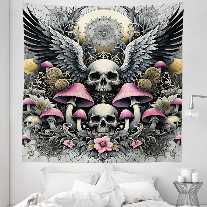 Ambesonne Gothic Tapestry Queen Size, Blushy Mushrooms and Wingy Skull with Lace and Cactus Flowers Art Boho, Wall Hanging Bedspread Bed Cover Wall Decor, 88" X 88", Pink Grey Yellow Mustard