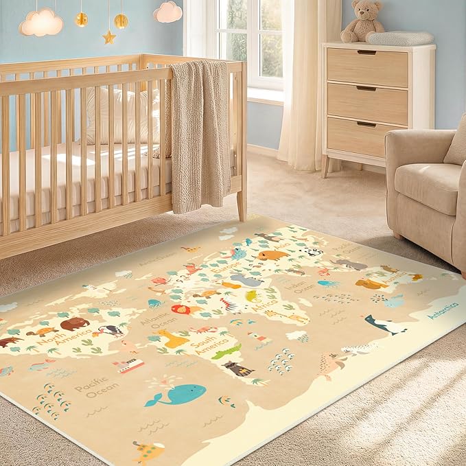 3x5 Animal World Map Bedroom Rug for Kids – Soft Educational Play Mat with Cute Animals by Continent, Washable Stain Resistant Toddler Baby Nursery Rug - Beige