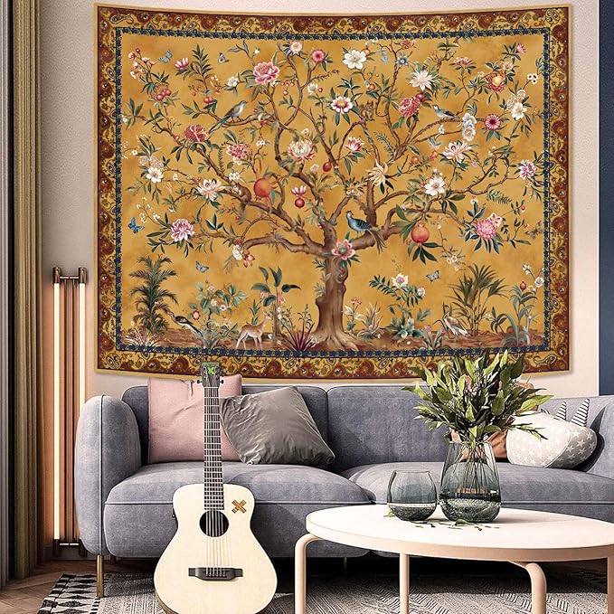 Faxdong Boho Tree of LIfe Tapestry, Vintage Flower Leaves Birds Plant Animal Pattern Tapestries, Retro Indian Bohemian Aesthetic Wall Hanging Orange Yellow 44×60 inch