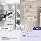 SWTYMIKI Hanging Closet Organizer Storage - 3 Tier Metal Stackable Hanging Closet Shelves with Dividers and S Hooks, Foldable Clothes Shelves for Clothes, Pants, Shoes, Coat, Hats Clutches Accessories