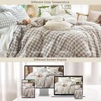 MooMee Gingham Duvet Cover Set 100% Washed Cotton Linen Like Textured Breathable Durable Soft Comfy Modern Checkered Design (Buffalo Plaid Tannish Linen Grey, Cal King 104"x98")