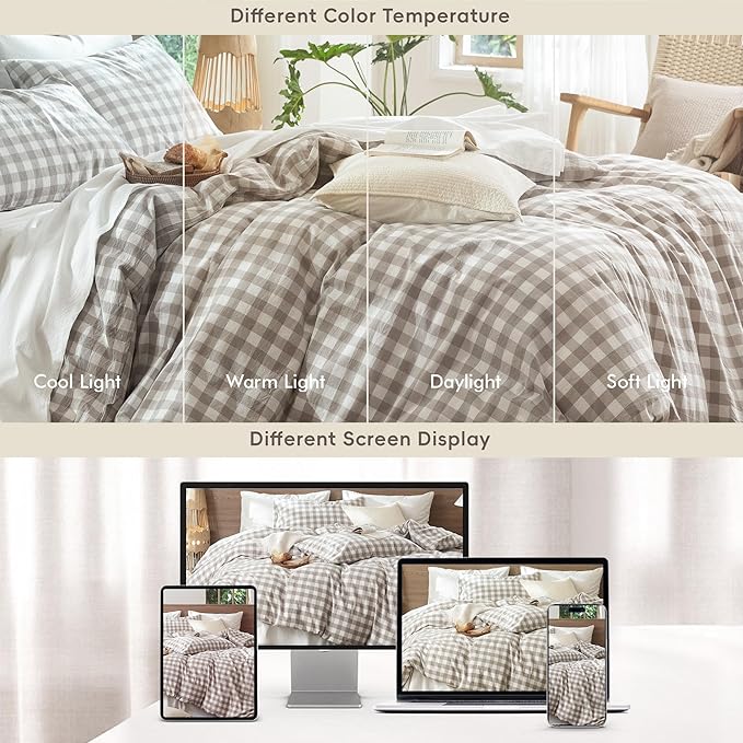 MooMee Gingham Duvet Cover Set 100% Washed Cotton Linen Like Textured Breathable Durable Soft Comfy Modern Checkered Design (Buffalo Plaid Tannish Linen Grey, Cal King 104"x98")