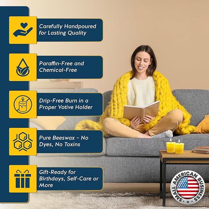Alternative Imagination 100% Pure Natural Beeswax Votive Candles - 24 Pack - Hand-Poured - Unscented- Light Honey Aroma - 15 Hour Burn - Paraffin-Free, Long Lasting for Prayer, Meditation & Home Decor