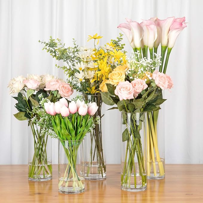 WGVI Quality Thick Weighted Clear Cylinder Glass Vases, 4" W x 12" H, Flower Arrangement Floating Candle Holders Wedding Centerpiece Terrarium Planter Floral Storage Container, Bulk Wholesale, 12 Pcs