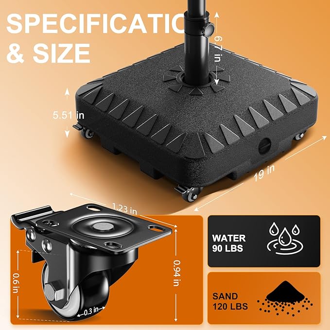 QNCZ Premium Patio Umbrella Base with Wheels, 120lbs Weighted Umbrella Stand Outdoor Base, Heavy Duty Umbrella Base, Easy Move Outdoor Umbrella Base for Patio, Outdoor Swimming Pool, Black