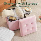 17.7" Ottoman with Storage, Square Storage Ottoman for Dorm, Velvet Ottomans with Legs for Living Room, Bedroom, Pink