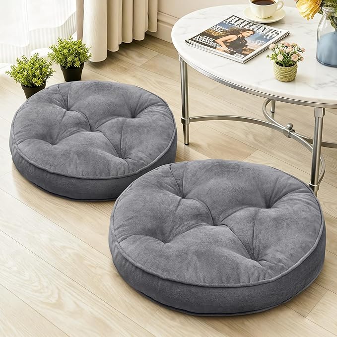 Floor Pillow Set of 2, Memory Foam Meditation Cushion, Floor Cushions for Adults Sitting, Large Round Seat Cushions for Yoga, Living Room, 20x20 Inch (Round | Grey)