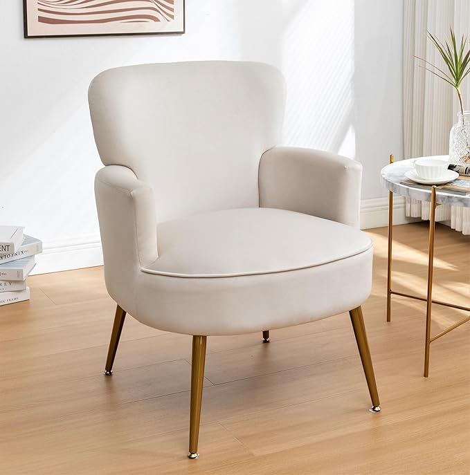 Trendy Velvet Accent Chair with Gold Metal Legs, Upholstered Armchair for Small to Mid-Size Spaces, Modern Living Room, Bedroom, Vanity Desk and Entryway, Ivory