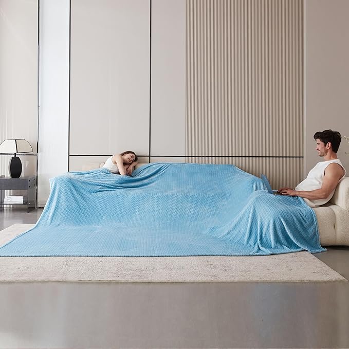 Oversized King Fleece Blanket 120x120 Inches, Seamless Soft Cozy 3D Jacquard Flannel Blanket 10'x10' Extra Large for Bed, Sofa, Couch, Travel & Camping, California King Throw, Baby Blue Leaf
