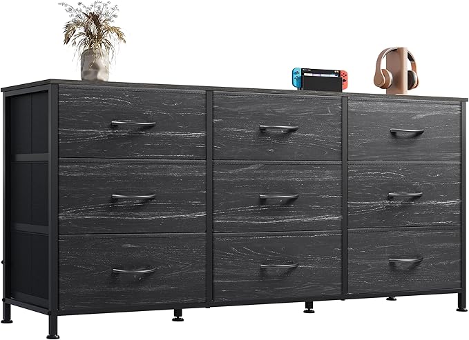 WLIVE 47''W Dresser for Bedroom, Black Dresser TV Stand for 45, 50, 55 inch TV, Wide Chest of Drawers with 9 Drawer, Large Entertainment Center, Fabric Dressers with Wood Top for Closet, Living Room