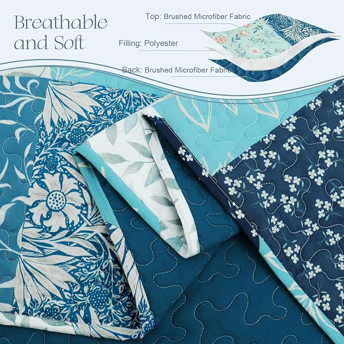 Exclusivo Mezcla Reversible Boho Quilts Queen Size, Navy Blue Bedspreads Lightweight Coverlet All Season Patchwork Quilt Bedding Set with Printed Floral Pattern (1 Quilt, 2 Pillow Shams)