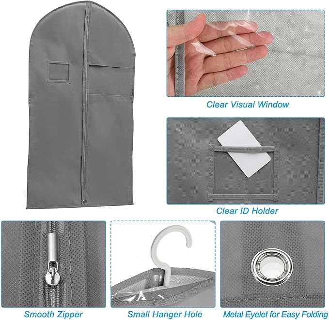 PATIKIL 31" Garment Bag, 5 Pack Breathable Suit Bag for Storage Hanging Clothes Dustproof Garment Covers for Suits Coats Dresses, Gray