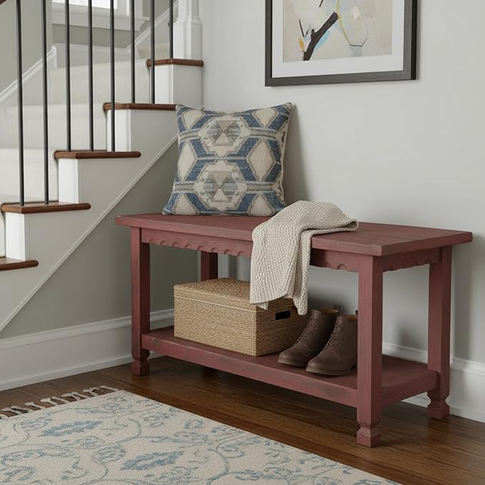 Country Cottage Rustic Farmhouse Bench – 36” Solid Wood Entryway Seat with Storage Shelf for Hallway, Mudroom, or Living Room Accent by Alaterre Furniture (Distressed Antique Red Finish)