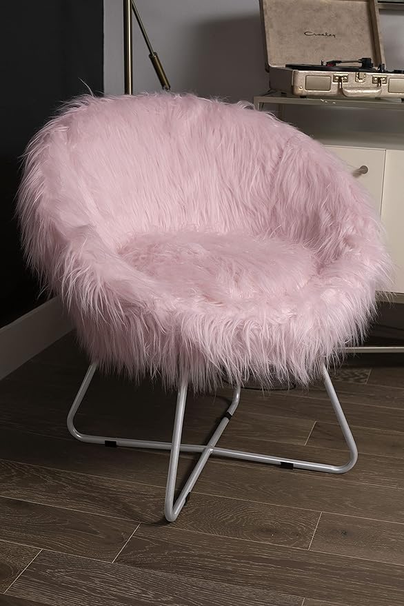 BIRDROCK HOME Faux Fur Papasan Chair with Black Legs - Luxuriously Soft & Lightweight - Wide Cushion Seat for Playroom, or Living Room - Moon Chair - Metal - Fluffy Round Seat - Circle - Pink