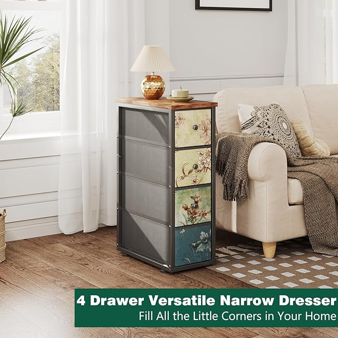Narrow Dresser, Narrow Nightstand Dresser Storage Tower with 4 Drawers, Slim Fabric Dressers Chest of Drawers for Small Spaces, Retro Flower Dressers, for Bedroom Bathroom Laundry Closet, Vintage