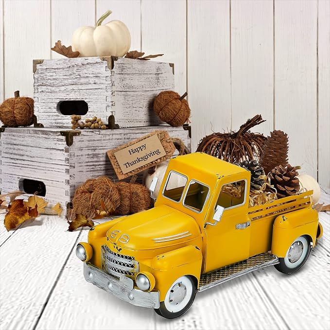 Farmhouse Yellow Truck Metal Decor,Vintage Outdoor Iron Truck Decor, Rustic Pick-up Planter,Antique Car Decoration,Desktop Wine Rack Stand,Decorative Tabletop Storage