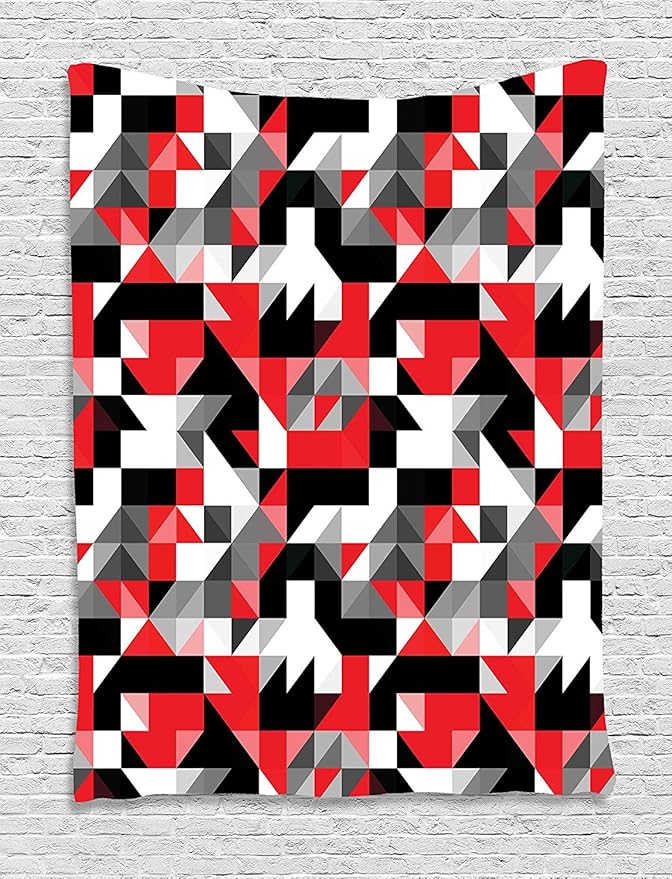 Ambesonne Abstract Tapestry, Abstract Geometric Half Triangles Squares Maze Inspired Image, Wall Hanging for Bedroom Living Room Dorm Decor, 60" X 80", Charcoal Vermilion