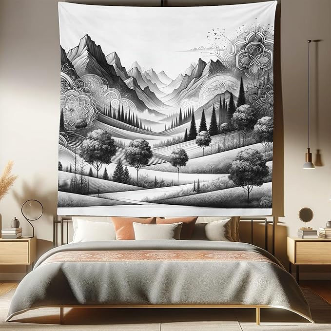 Ambesonne Mountain Tapestry Queen Size, Monochrome Art Scenic Mounts with Wooded Lands Featuring Eastern Mandala, Wall Hanging Bedspread Bed Cover Wall Decor, 88" X 88", Pale Grey Dark Taupe