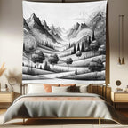 Ambesonne Mountain Tapestry Queen Size, Monochrome Art Scenic Mounts with Wooded Lands Featuring Eastern Mandala, Wall Hanging Bedspread Bed Cover Wall Decor, 88" X 88", Pale Grey Dark Taupe