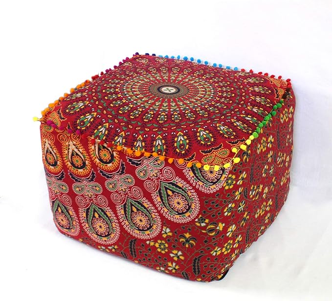 CRAFT KALA Large Hippie Mandala Meditation Floor Ottoman Pillow Cushion Pouf Cover Square Poufs Cover Bohemian Circle Floor Cushion Case Outdoor Fireplace Living Room Decor 18X18X14 inches, Red Mirchi