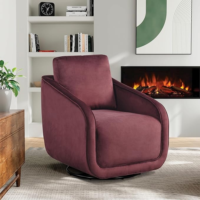 Studio Living® Lydia 35.3" Swivel Accent Chair, Modern Boho, Fully Assembled, Pocket Coil Comfort, Round Swivel Base Leg, Soft Velvet Fabric, Plum