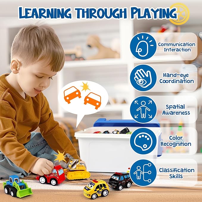 50 Pcs Toy Cars with Large Plastic Organizer, Pull Back Cars for Kids Ages 3-5, Birthday and Party Decorations, Birthday Presents for 3 + Year Old Girls and Boys