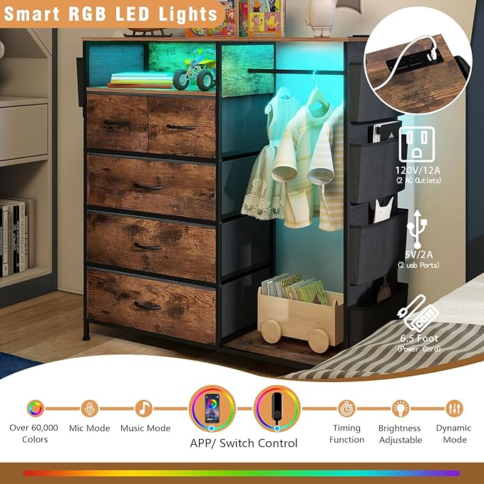 Dresser for Bedroom with Clothes Rack Side Pockets 5 Drawer Dresser with Charging Station LED Lights Black Storage Chest of Drawers for Hallway Closet Sturdy Steel Frame Wood Top (Brown)