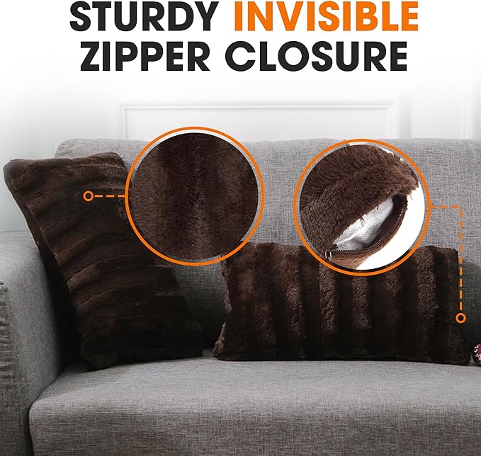 Cheer Collection Faux Fur Throw Pillows - Decorative Pillows for Couch, Bed Throw Pillows, Chocolate Accent Pillows for Bedroom or Living Room Aesthetic, Set of 2 Furry Throw Pillows, 12" x 20"