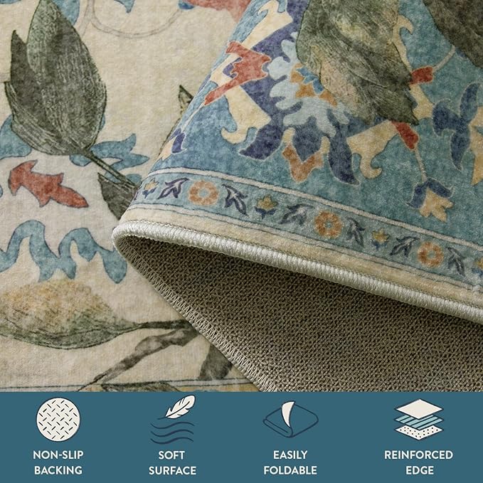 Lahome Botanical Birds Blue Washable Rugs 8x10 for Living Room, Soft Non Slip Dining Room Rugs for Under Table, Large Boho Vintage Indoor Floor Carpet for Bedroom Home Office (8x10ft,Blue)