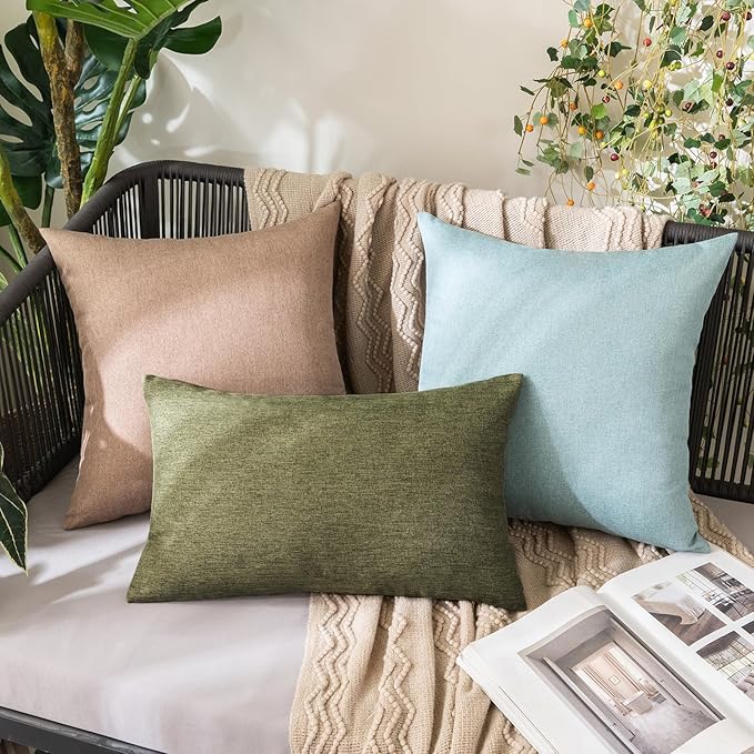 MIULEE Pack of 2 Decorative Outdoor Solid Waterproof Throw Pillow Covers Spring Faux Linen Garden Farmhouse Cushion Cases for Patio Tent Balcony Couch Sofa 20x12 Inch Olive Green