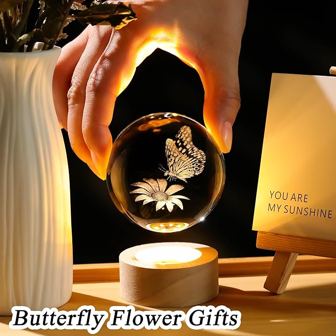 3D Butterfly Flower Crystal Ball with Wooden Light Base Glass Butterfly Figurine Gifts for Women Mom Butterfly Statue Home Decor on Mother's Day Birthday Valentine Christmas (Diameter 2.36 inches)