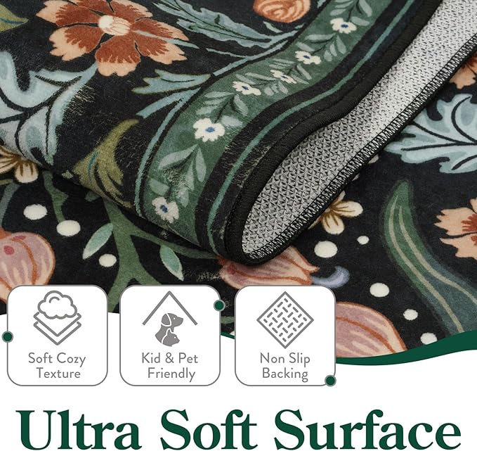 Moynesa Floral Washable 10x14 Rug, Boho Extra Large Living Room Area Rug, Botanical Dining Room Rugs for Under Table, Non Slip Ultra Thin Floor Carpet for Home Office Farmhouse, Black