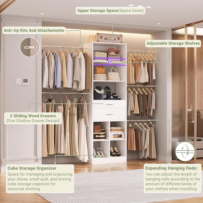 Closet System, 4-8 FT Closet Organizer Tower with 2 Wooden Drawers and 5 Hanging Rods, Can Fit 60 to 96 inch Walk-in Closet System, White