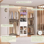 Closet System, 4-8 FT Closet Organizer Tower with 2 Wooden Drawers and 5 Hanging Rods, Can Fit 60 to 96 inch Walk-in Closet System, White