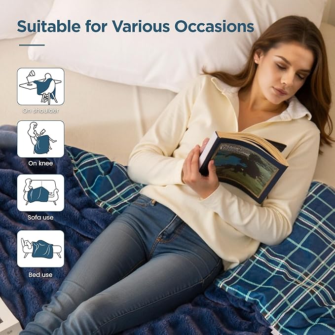 Sophia & William Ruched Faux Fur Throw Blanket for Couch - Luxury Lightweight Plush Fuzzy Cozy Soft Blankets, Blue, 50" x 60"