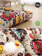 Boho Square Floor Seat Pillows Cushions 22" x 22", Soft Cotton Linen Bohemian Yoga Mandala Meditation Pouf Tatami Floor Pillow Cushion for Living Room Adults & Kids Casual Reading Nooks,Flowers Beige