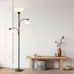 Brightech Sky Dome Double LED Floor Lamp, Torchiere Super Bright Floor Lamp with 2 Reading Lamps for Living Rooms & Offices - Dimmable Tall Standing Lamp for Bedroom Reading - Tall Black Pole