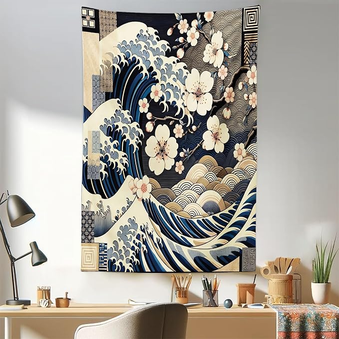 Ambesonne Anime Tapestry, Ukiyo-e Style Cultural Art Design with Squama Scales Waves Cherry Blossoms, Fabric Wall Hanging Decor for Bedroom Living Room Dorm, 30" X 45", Taupe Beige Dark Blue