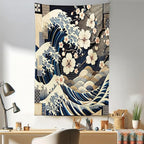 Ambesonne Anime Tapestry, Ukiyo-e Style Cultural Art Design with Squama Scales Waves Cherry Blossoms, Fabric Wall Hanging Decor for Bedroom Living Room Dorm, 30" X 45", Taupe Beige Dark Blue