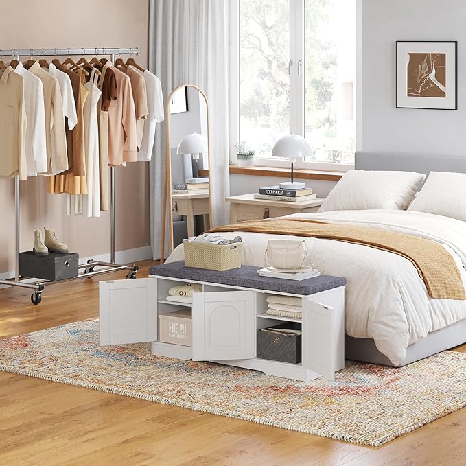 DINZI LVJ Shoe Bench, Entryway Storage Bench with Doors, Cushion, 2-Tier Shoe Rack with 6-Cubby, 39.4”L x 13.8”W Shoe Organizer Cabinet, Adjustable Shelf, Living Room, Bedroom, White